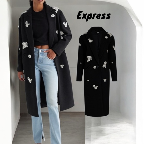 Express New Embellished StonesLongBlack Women's Coat Extra Small Oversized